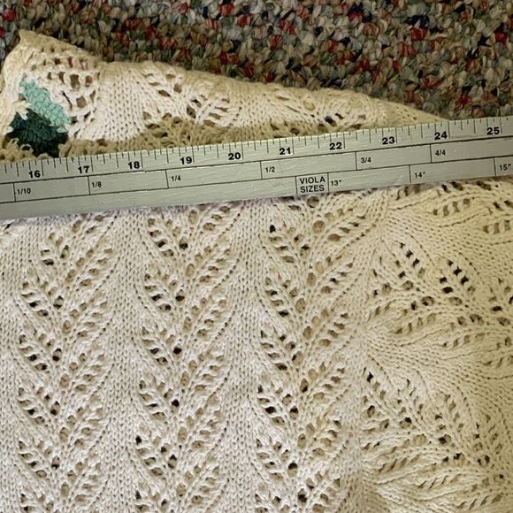 Vintage 80s Gina Peters Ivory Open Leaf Crochet Short Sleeve Tunic Sweater Sz L - Picture 9 of 12